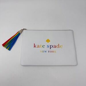 Kate Spade New York White Pouch Clutch Rainbow Tassel Zip Top